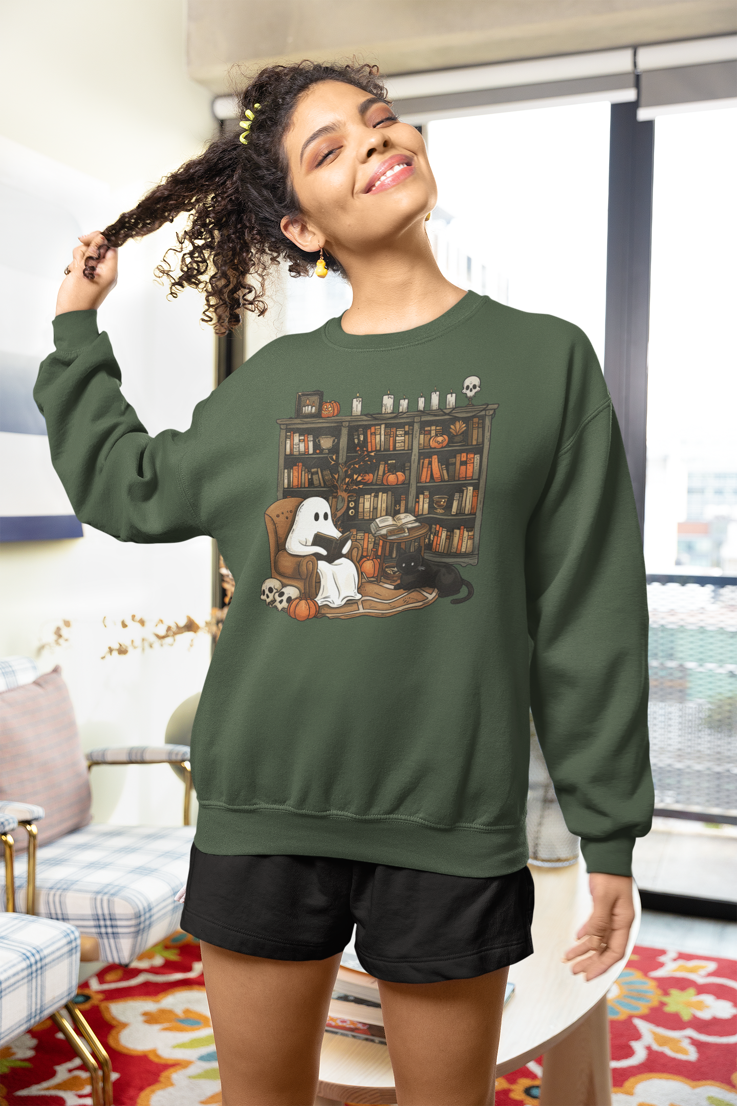 Spooky and Stylish Halloween Sweatshirt: Ghost Reading in a Vintage Bookcase