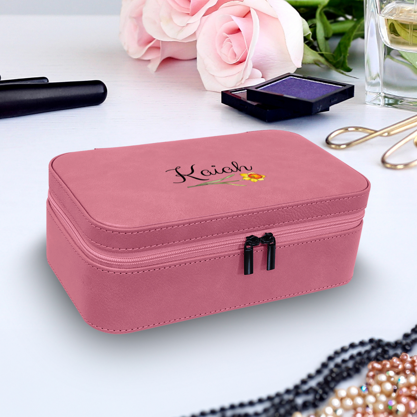 Personalized Birth Flower Jewelry Box – Custom Travel Organizer