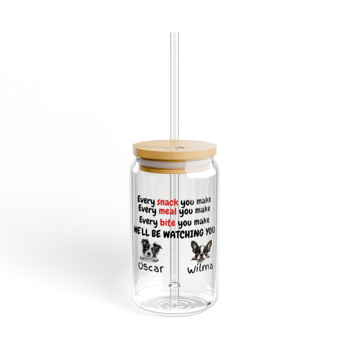 Get trendy with Personalized 16 oz Glass Sipper Cup with Dog Breed Cartoon - Custom Message from Your Dog(s) -  available at Good Gift Company. Grab yours for $28.02 today!