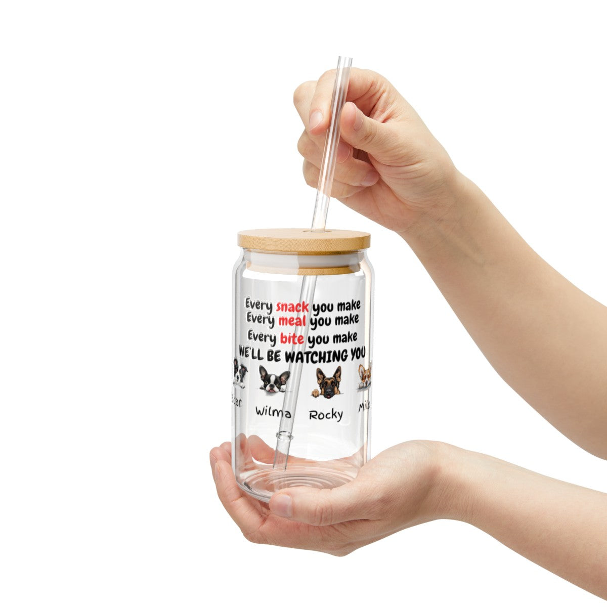 Get trendy with Personalized 16 oz Glass Sipper Cup with Dog Breed Cartoon - Custom Message from Your Dog(s) -  available at Good Gift Company. Grab yours for $28.02 today!