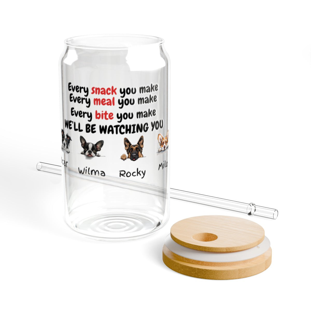 Get trendy with Personalized 16 oz Glass Sipper Cup with Dog Breed Cartoon - Custom Message from Your Dog(s) -  available at Good Gift Company. Grab yours for $28.02 today!