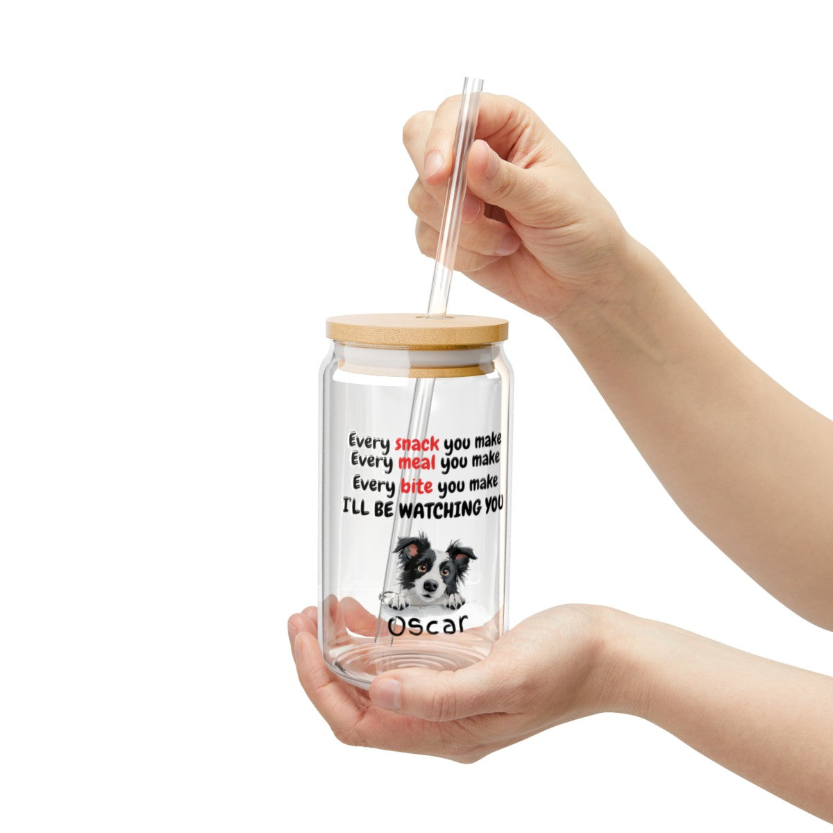 Get trendy with Personalized 16 oz Glass Sipper Cup with Dog Breed Cartoon - Custom Message from Your Dog(s) -  available at Good Gift Company. Grab yours for $28.02 today!