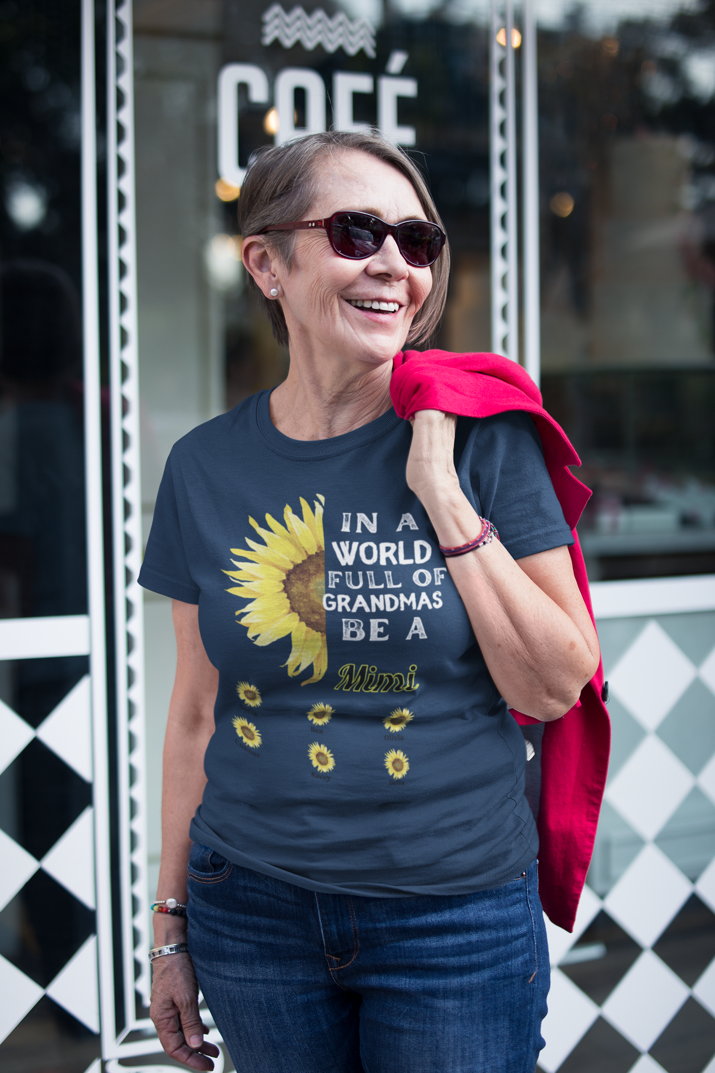 Get trendy with Customized Grandmother T-Shirt - "In a World Full of Grandmas, Be a [Your Nickname]" Yellow Sunflower version -  available at Good Gift Company. Grab yours for $28.60 today!