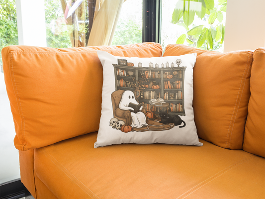 "Vintage Ghost Bookcase Halloween Pillow – Indoor & Outdoor Spooky Decor"