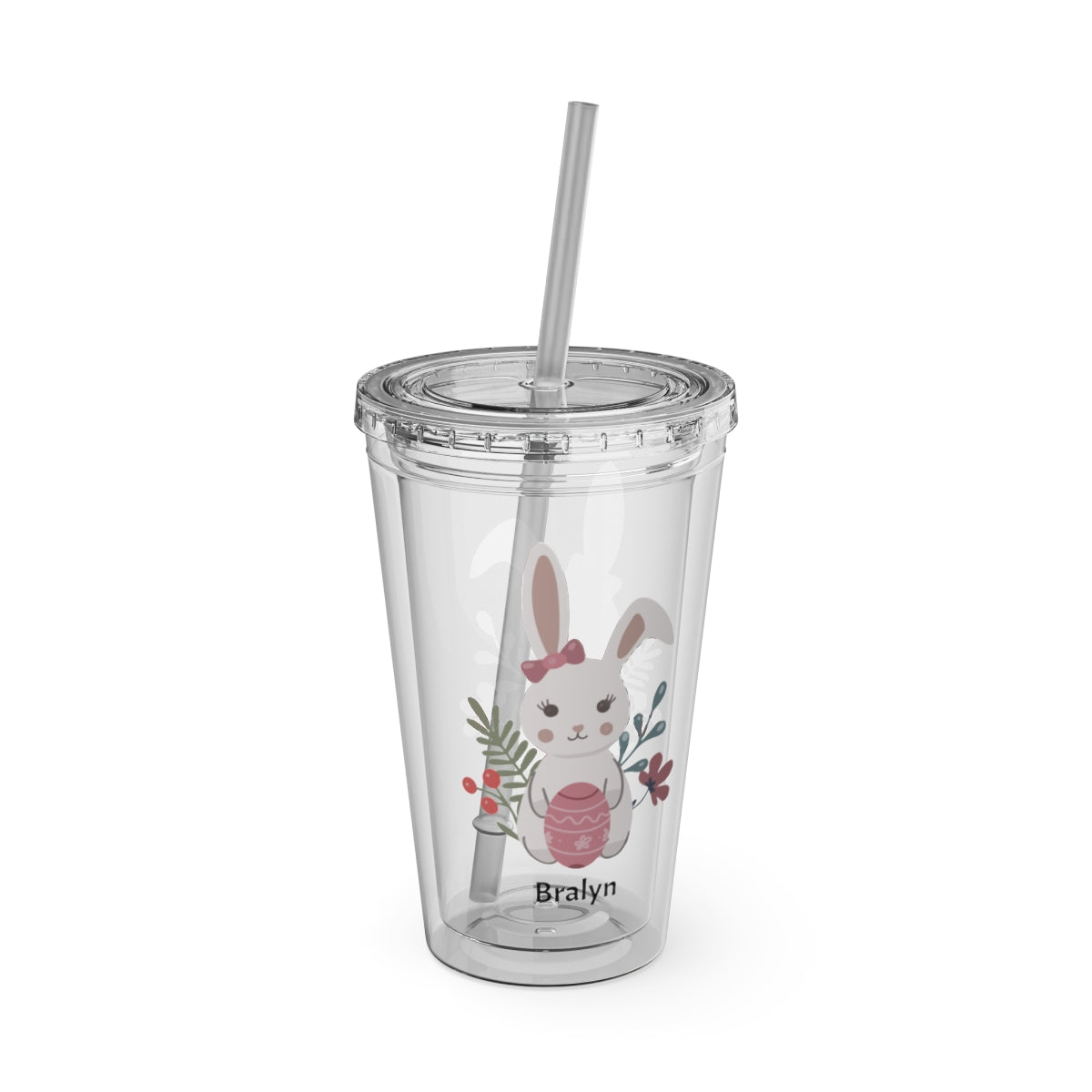 Custom clear colored Easter cup featuring a cute bunny and child’s name, available in multiple colors -color choice