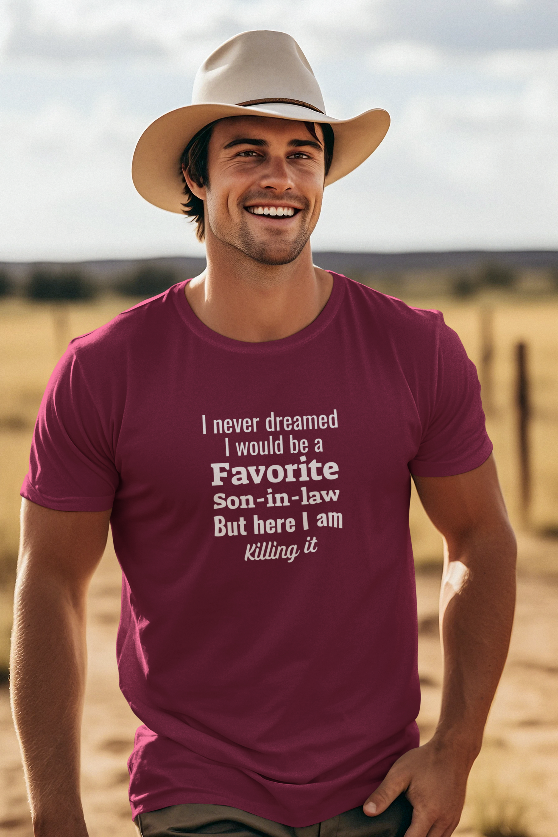 Get trendy with I never dreamed white text Favorite son-in-law front print, white text T-Shirt - T-Shirts available at Good Gift Company. Grab yours for $22.95 today!