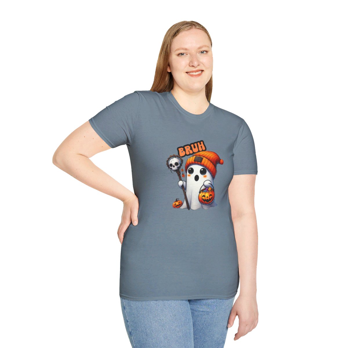 Get trendy with "Bruh!" Halloween T-Shirt – Cute Ghost with Orange Beanie -  available at Good Gift Company. Grab yours for $19.99 today!