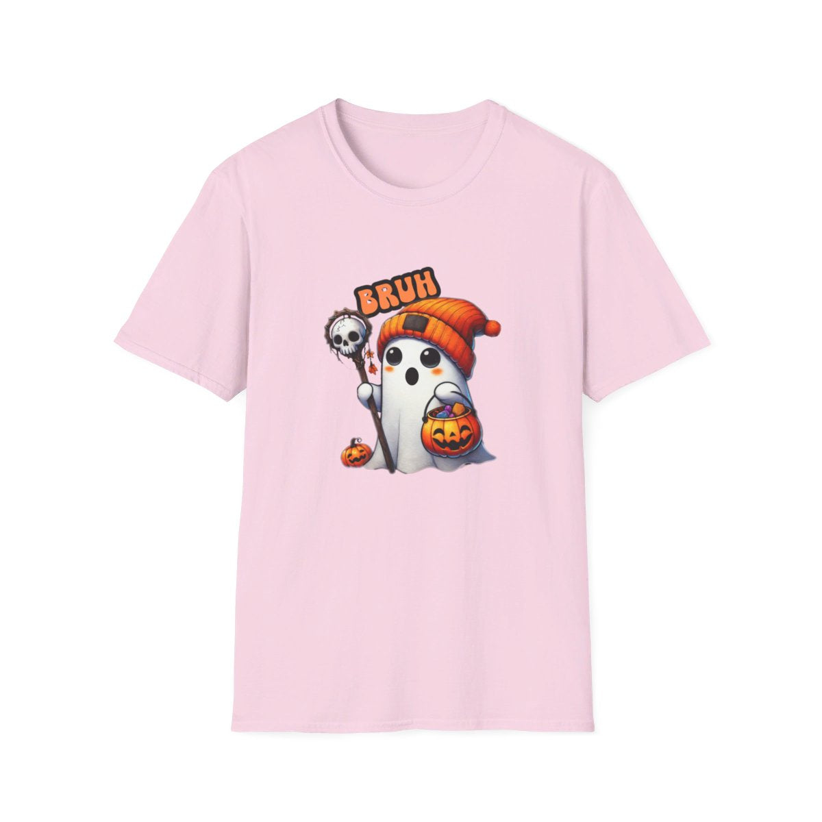 Get trendy with "Bruh!" Halloween T-Shirt – Cute Ghost with Orange Beanie -  available at Good Gift Company. Grab yours for $19.99 today!