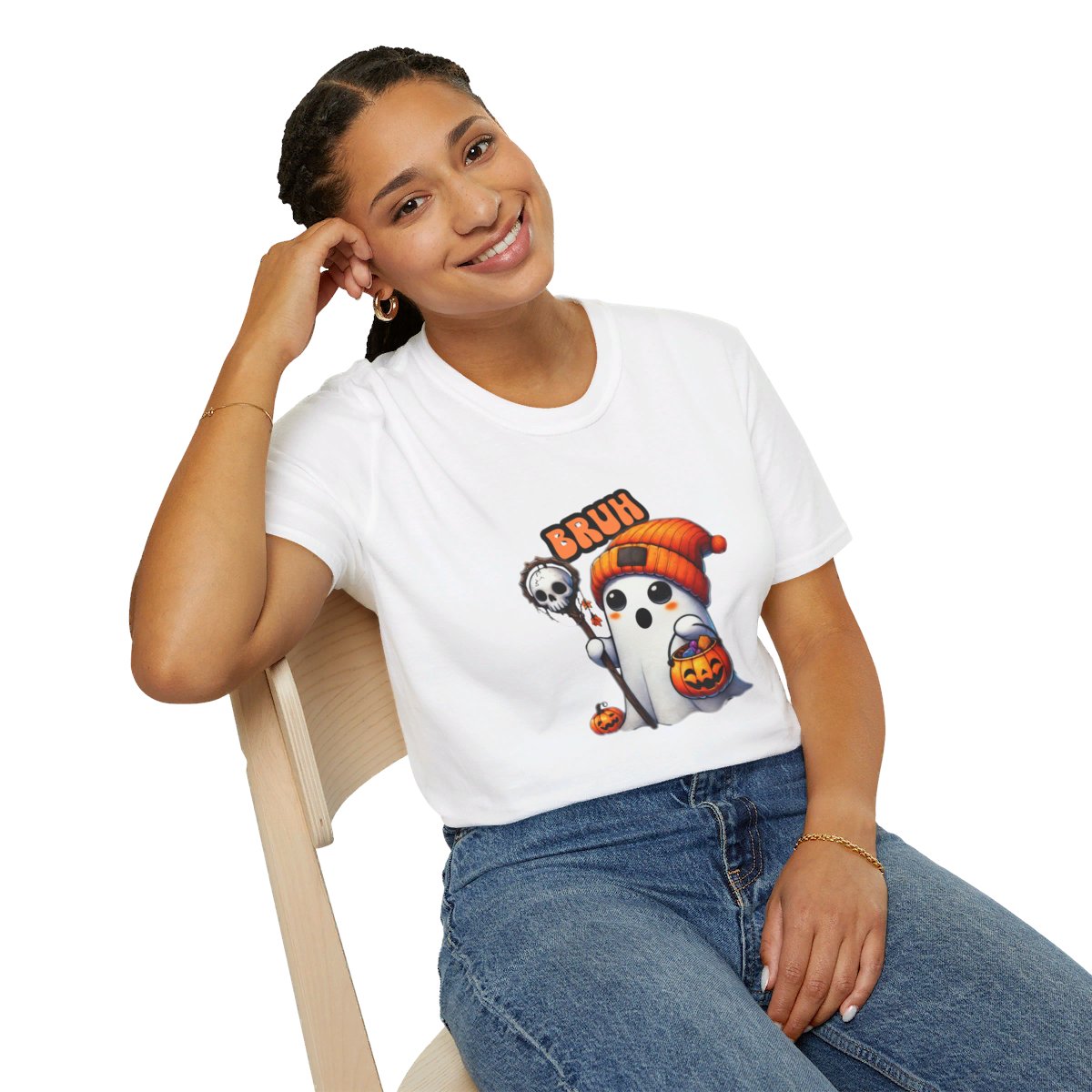 Get trendy with "Bruh!" Halloween T-Shirt – Cute Ghost with Orange Beanie -  available at Good Gift Company. Grab yours for $19.99 today!