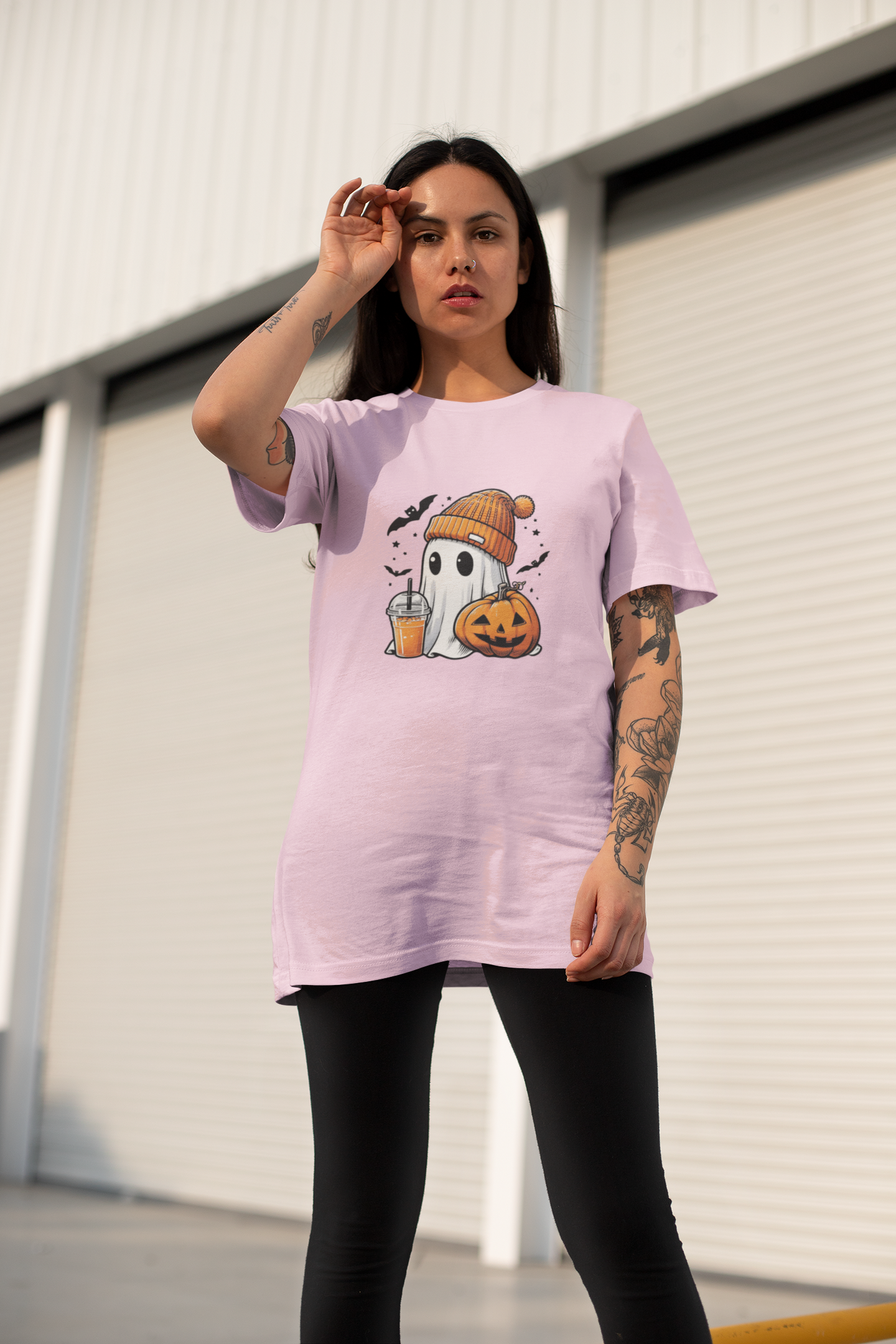 Oversized Cute Ghost with an orange Beanie Ghost T-Shirt – Spooky & Stylish