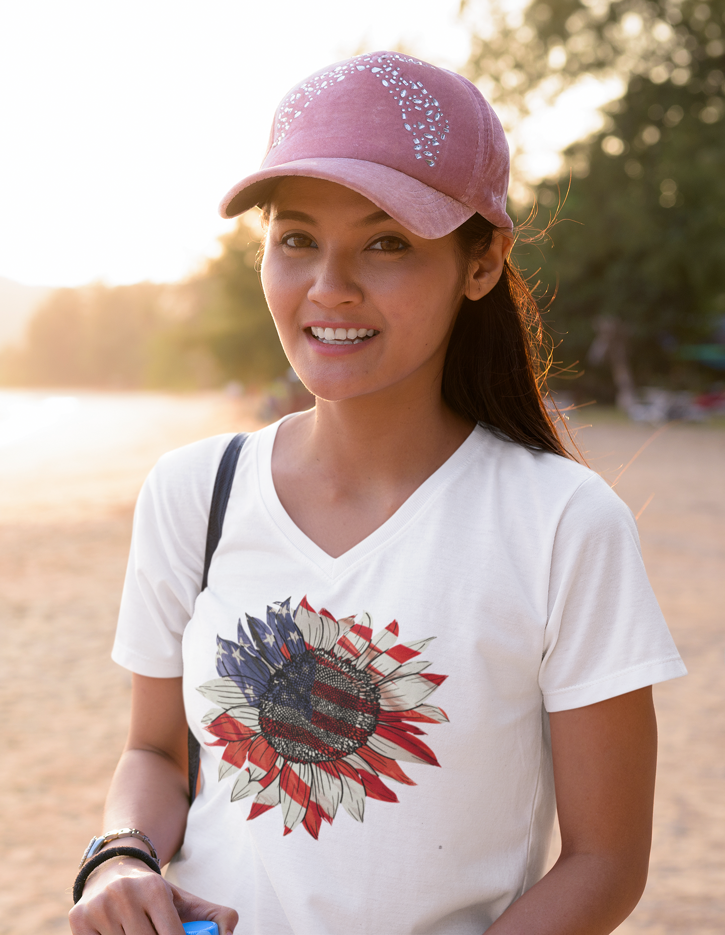 Get trendy with Sunflower American Flag Unisex Jersey Short Sleeve V-Neck Tee - V-neck available at Good Gift Company. Grab yours for $18.18 today!