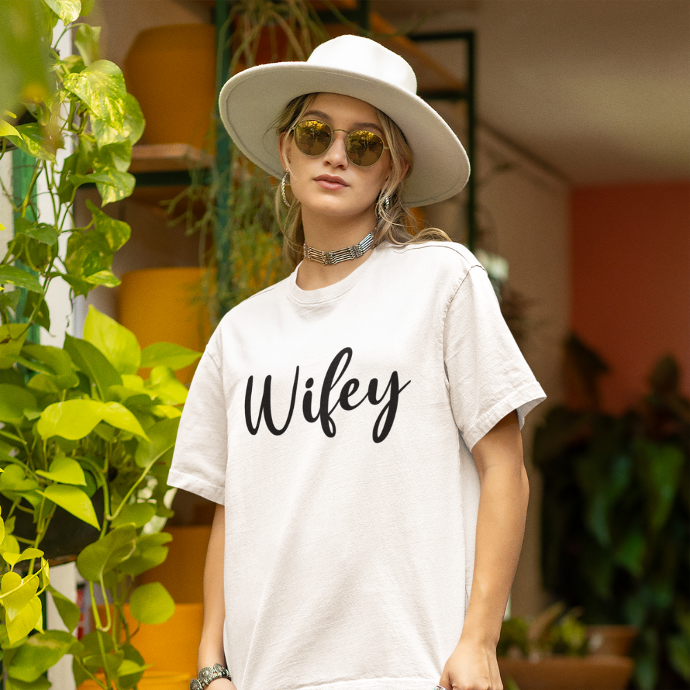 Get trendy with Wifey Wifey T shirt or crew neck sweatshirt - Apparel available at Good Gift Company. Grab yours for $21.59 today!